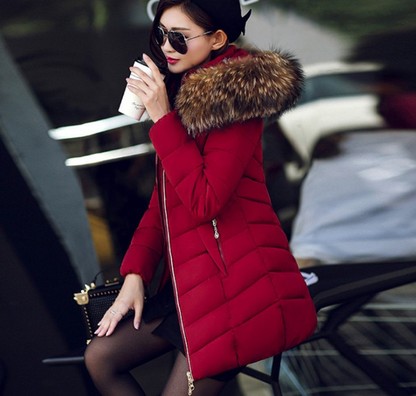 Women's cotton-padded jacket women's mid-length slim-fit cotton-padded jacket with large fur collar and down jacket
