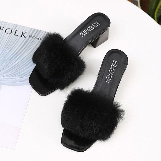 新款春秋毛拖粗跟女鞋产品图