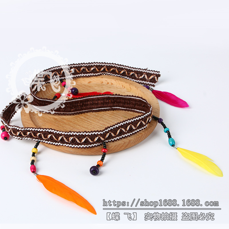 Nuevos diseños borlas de colores encaje de plumas vestidos de baile de alta gama ropa zapatos y sombreros accesorios cuentas hechas a mano cinturón étnico details Picture