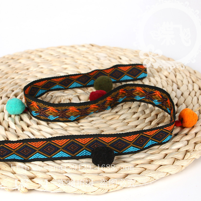 Color Geometric Diamond With Hairball Jacquard Embroidery Polyester Lace Ethnic Style Woven Belt Korean Version Diy Hand Accessories