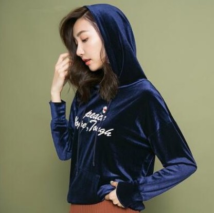 Loose Korean-style sporty long-sleeved, super popular velvet thin hooded sweatshirt for women