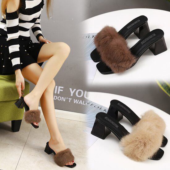 新款春秋毛拖粗跟女鞋细节图