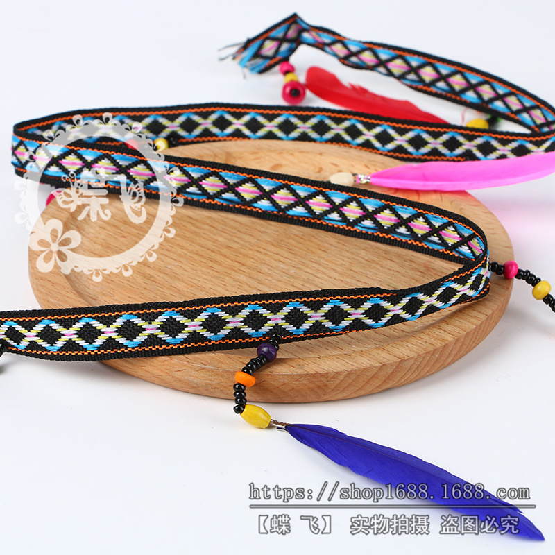 Nuevos diseños borlas de colores encaje de plumas vestidos de baile de alta gama ropa zapatos y sombreros accesorios cuentas hechas a mano cinturón étnico Specification image