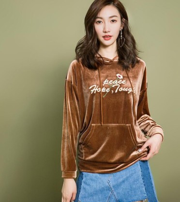 Loose Korean-style sporty long-sleeved, super popular velvet thin hooded sweatshirt for women details Picture