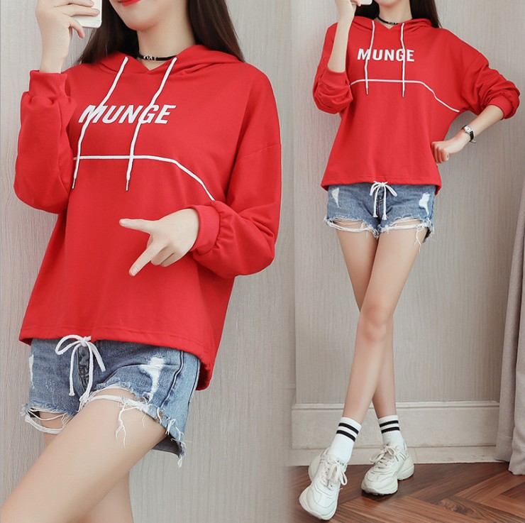 New Korean letter-printed hooded thin sweatshirt for women in autumn and winter, loose and plate-sized women's wear