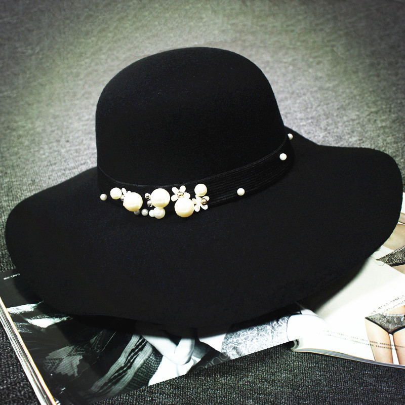 2017 new British woolen big Brim hat lady Autumn winter pearl flower decorative top hat retro sun shade hat thumbnail