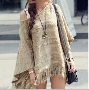 春装宽松镂空流苏蝙蝠衫针织毛衣斗篷披肩不规则罩衫细节图