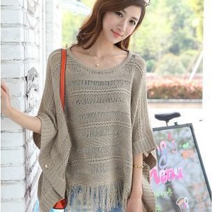 春装宽松镂空流苏蝙蝠衫针织毛衣斗篷披肩不规则罩衫产品图