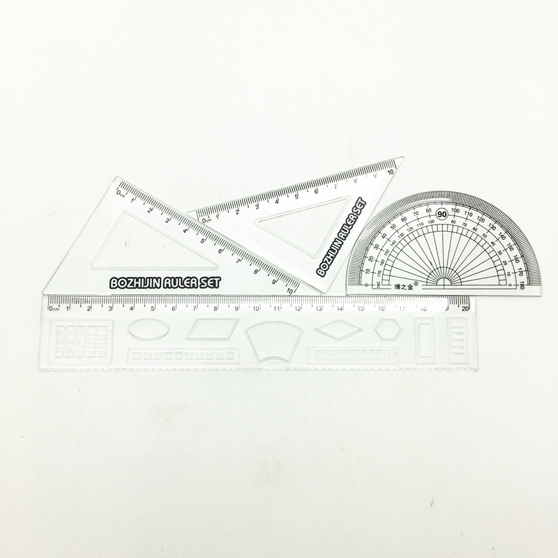 Student bagged measuring ruler set: 4-piece set of straight ruler, set square and protractor for student measurement details Picture