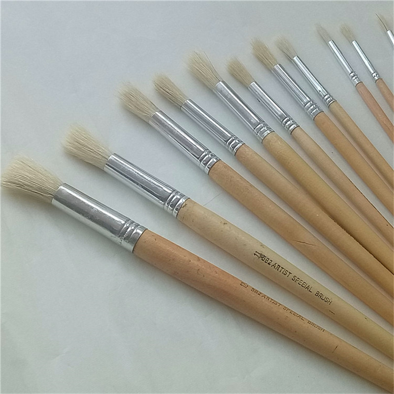 Factory direct sales of Sanjian 12-piece white rod round tip oil painting brushes details Picture
