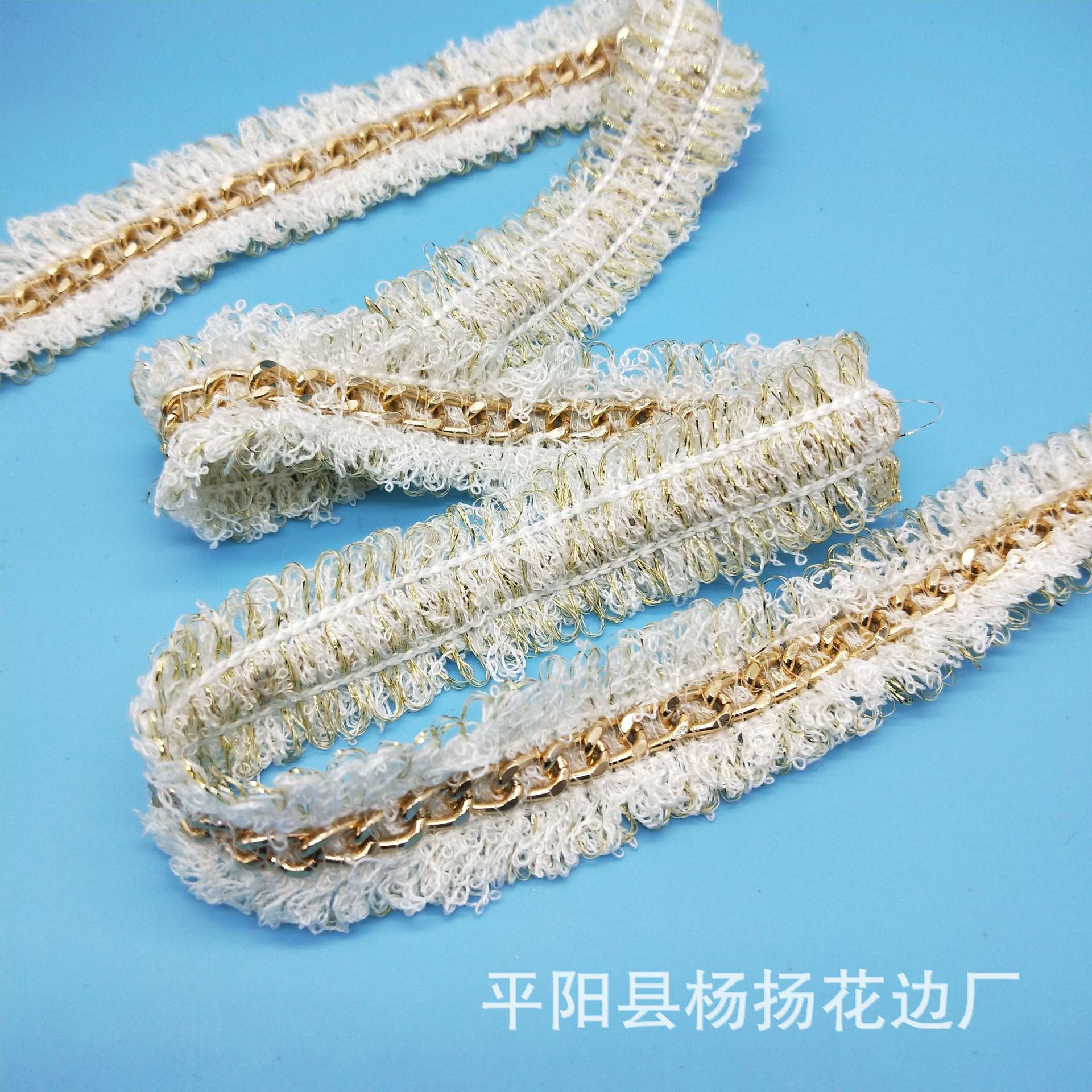 Factory direct sales of polyester yellow K chain lace, gold thread wool edge clothing, accessories, DIY ornaments and accessories Specification image