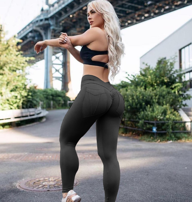 瑜伽运动高腰提臀翻口袋弹力小脚裤跑步健身打底裤女产品图
