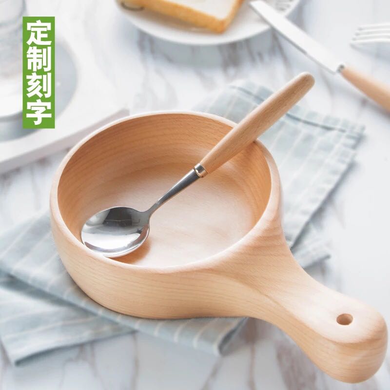 榉木碗水瓢大号日式成人实木头带手柄碗沙拉碗水果泡菜碗木质餐具产品图