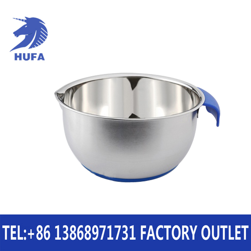 硅胶不锈钢打蛋盆 色拉碗手柄斜嘴沙拉盆带刻度沙拉碗不锈钢带刻度沙拉盆厨房搅拌盆硅胶手柄斜口防滑硅胶底沙律打蛋盆，厨房用品