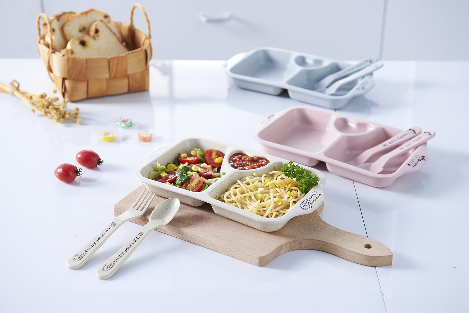 Printed Love For Environmental Protection And Health Wheat Straw Children's Household Tableware Plate Set With Children's Chopsticks Spoon Fork details Picture