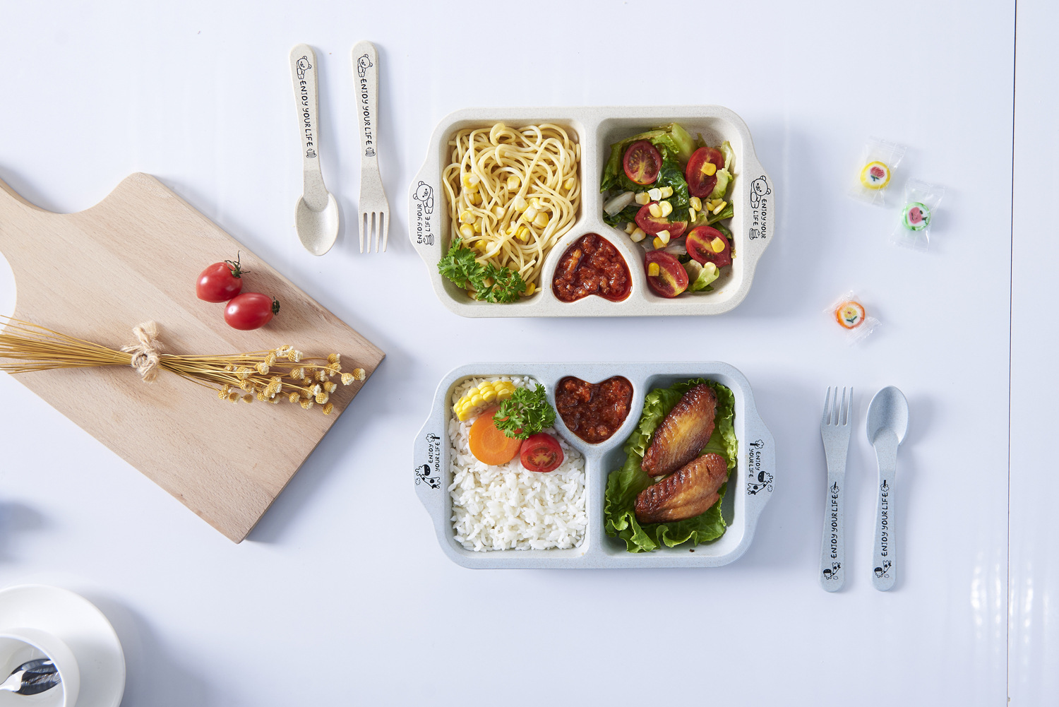Printed Love For Environmental Protection And Health Wheat Straw Children's Household Tableware Plate Set With Children's Chopsticks Spoon Fork
