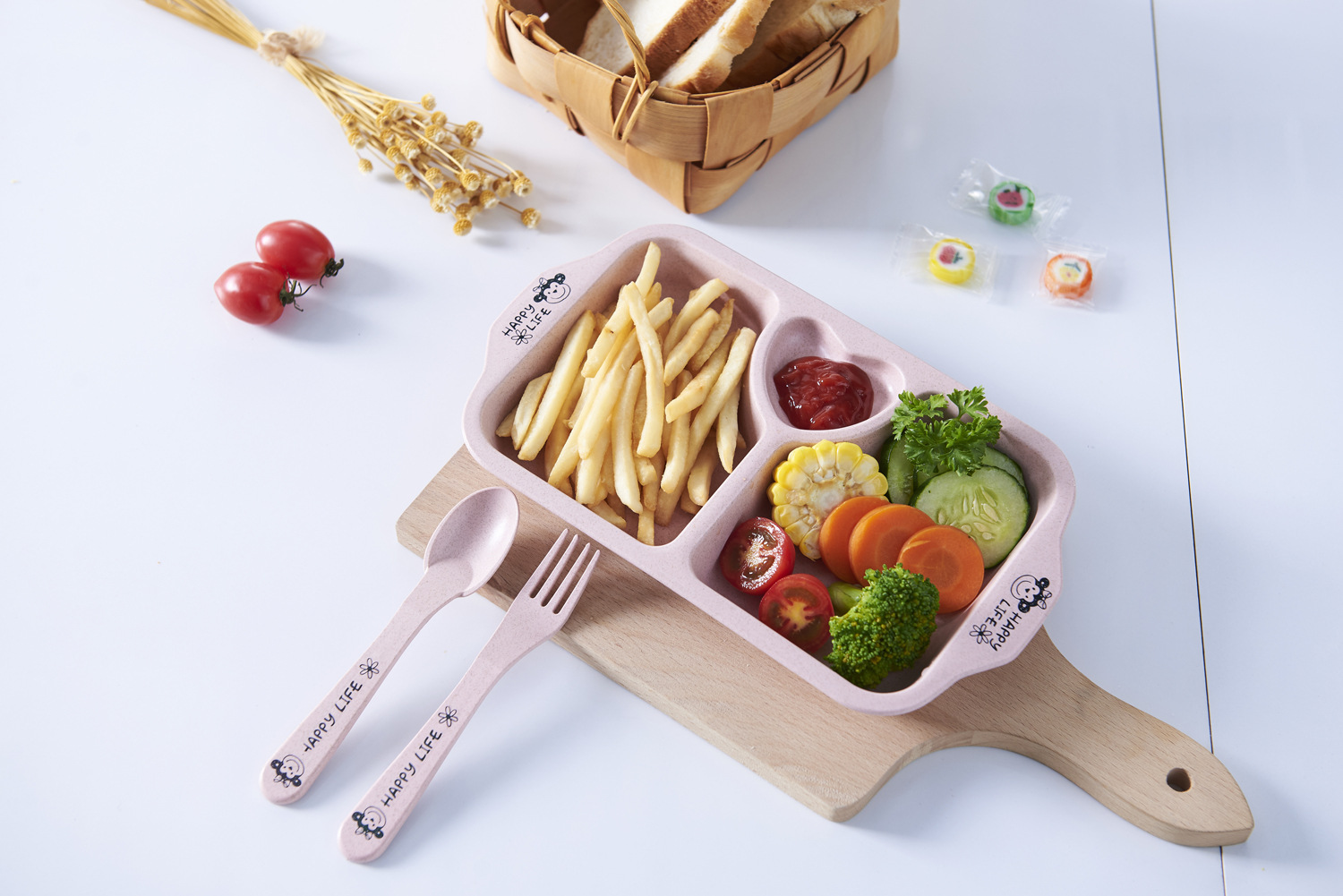 Printed Love For Environmental Protection And Health Wheat Straw Children's Household Tableware Plate Set With Children's Chopsticks Spoon Fork Specification drawing