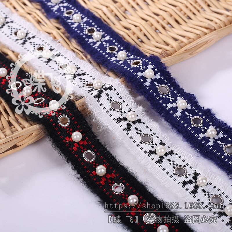 Order pearl lace Korean national style mohair pearl buttonhole raw edge lace ribbon dress skirt accessories