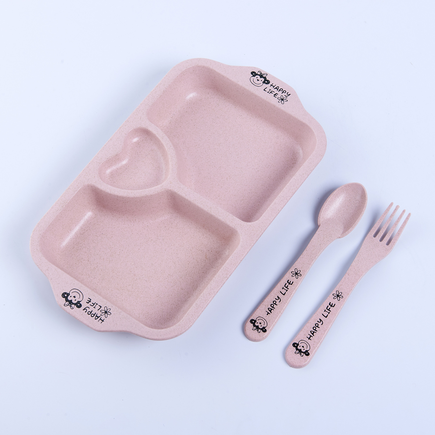Printed Love For Environmental Protection And Health Wheat Straw Children's Household Tableware Plate Set With Children's Chopsticks Spoon Fork Application Scenario