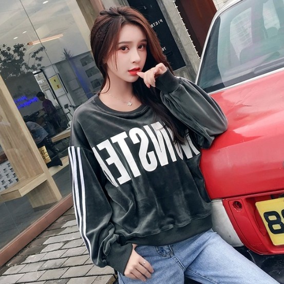Velvet loose Korean-style hoodie for women, long-sleeved, lettered, laid-back style bf Harajuku jacket top details Picture