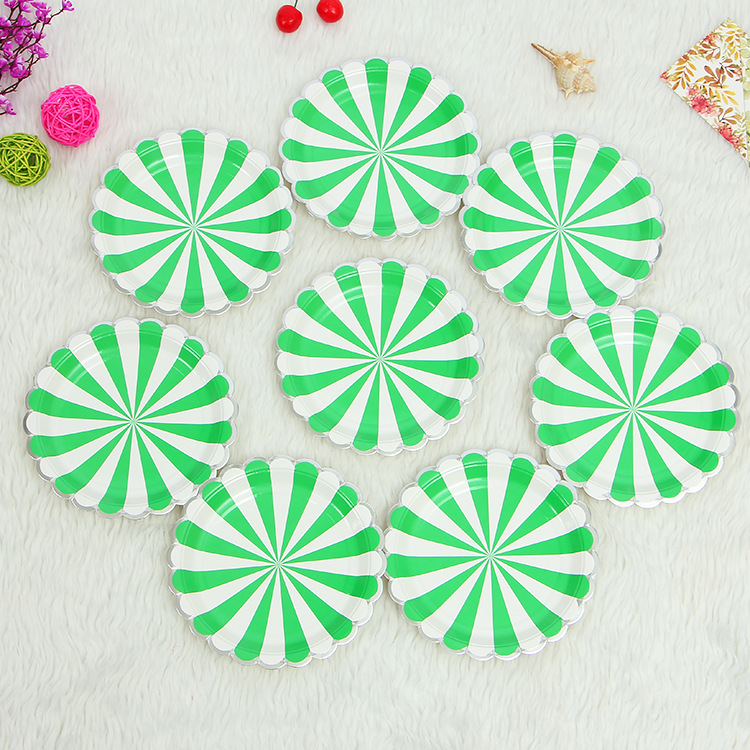 Wholesale tableware sets, birthday party outfits, disposable striped embossed silver-edged paper plates, paper cups, tissues, paper dishes Specification image