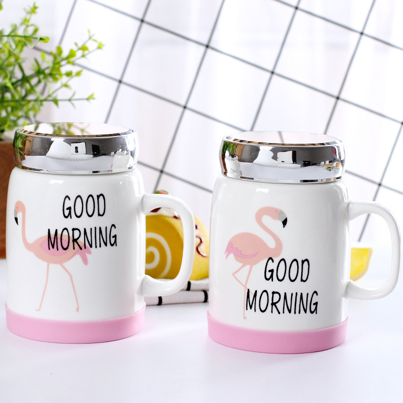 Wholesale of creative large-capacity cartoon mirror ceramic cups, anti-slip water cups with LIDS and handles, office coffee cups details Picture