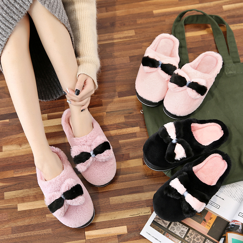 【现货】室内保暖拖鞋女冬松糕底高跟增高防滑蝴蝶结居家棉拖鞋