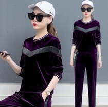 Long sleeve velvet two-piece suit round neck pullover sportswear casual two-piece plus-size women's wear