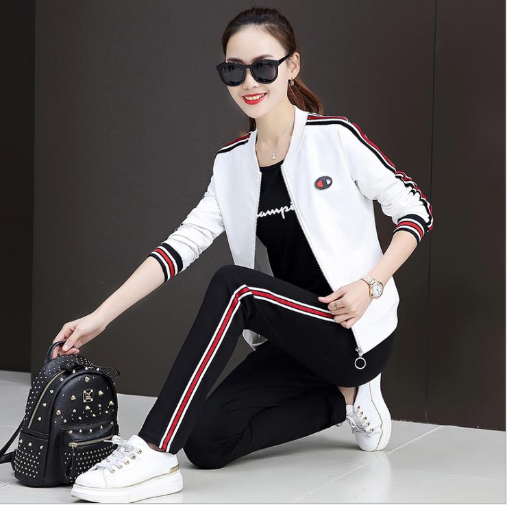 新款韩版休闲女装跑步运动服套装女三件套棒球服