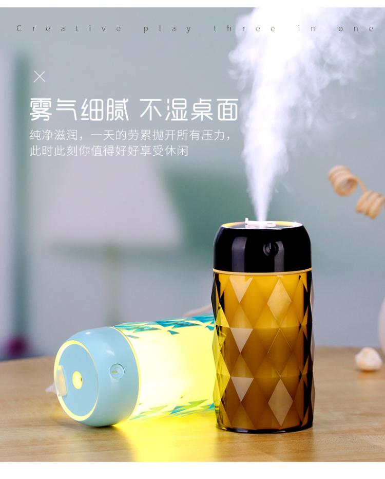 Crystal bottle three-in-one humidifier, mini portable creative home bedroom night light, small fan, usb humidifier Specification image