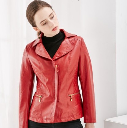 Middle-aged and elderly women's leather jacket women's clip motorcycle jacket lapel zipper