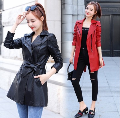 Temperament lapel long sleeve solid color elegant female leather coat autumn PU leather trench coat women wear a belt