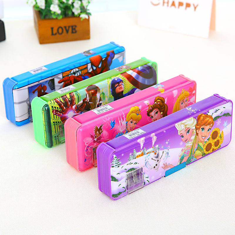 Multi-functional double-sided opening stationery box for boys and girls, cartoon pencil box with double-hole pencil sharpener, learning gift and prize Application Scenario