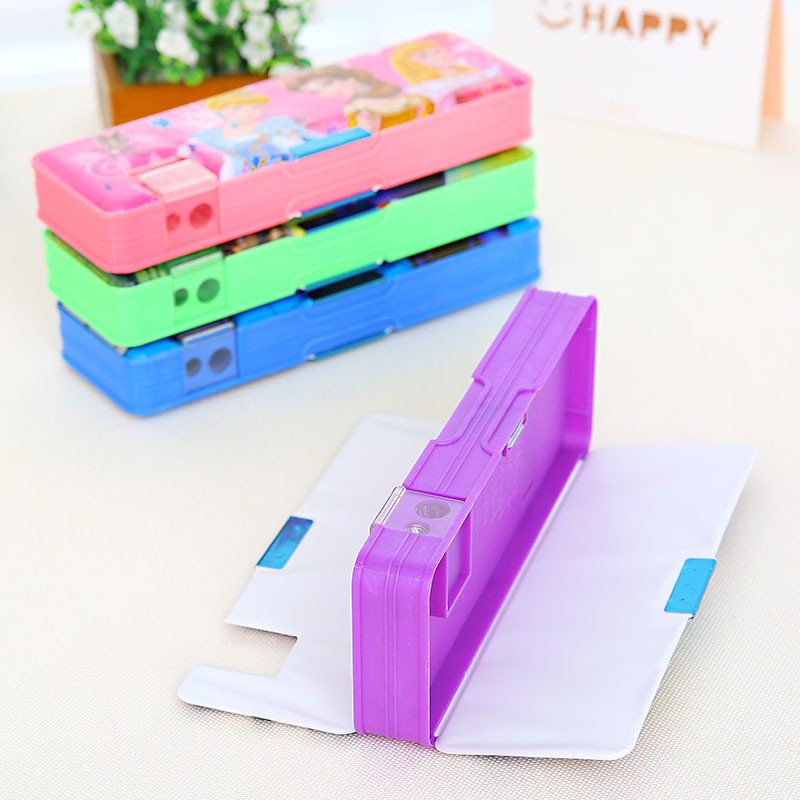 Multi-functional double-sided opening stationery box for boys and girls, cartoon pencil box with double-hole pencil sharpener, learning gift and prize details Picture