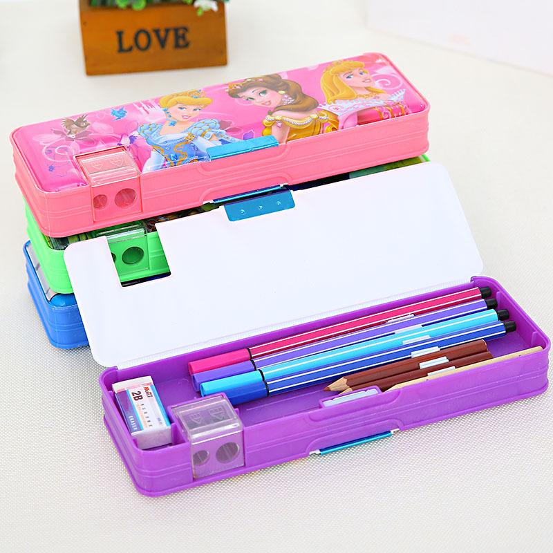 Multi-functional double-sided opening stationery box for boys and girls, cartoon pencil box with double-hole pencil sharpener, learning gift and prize