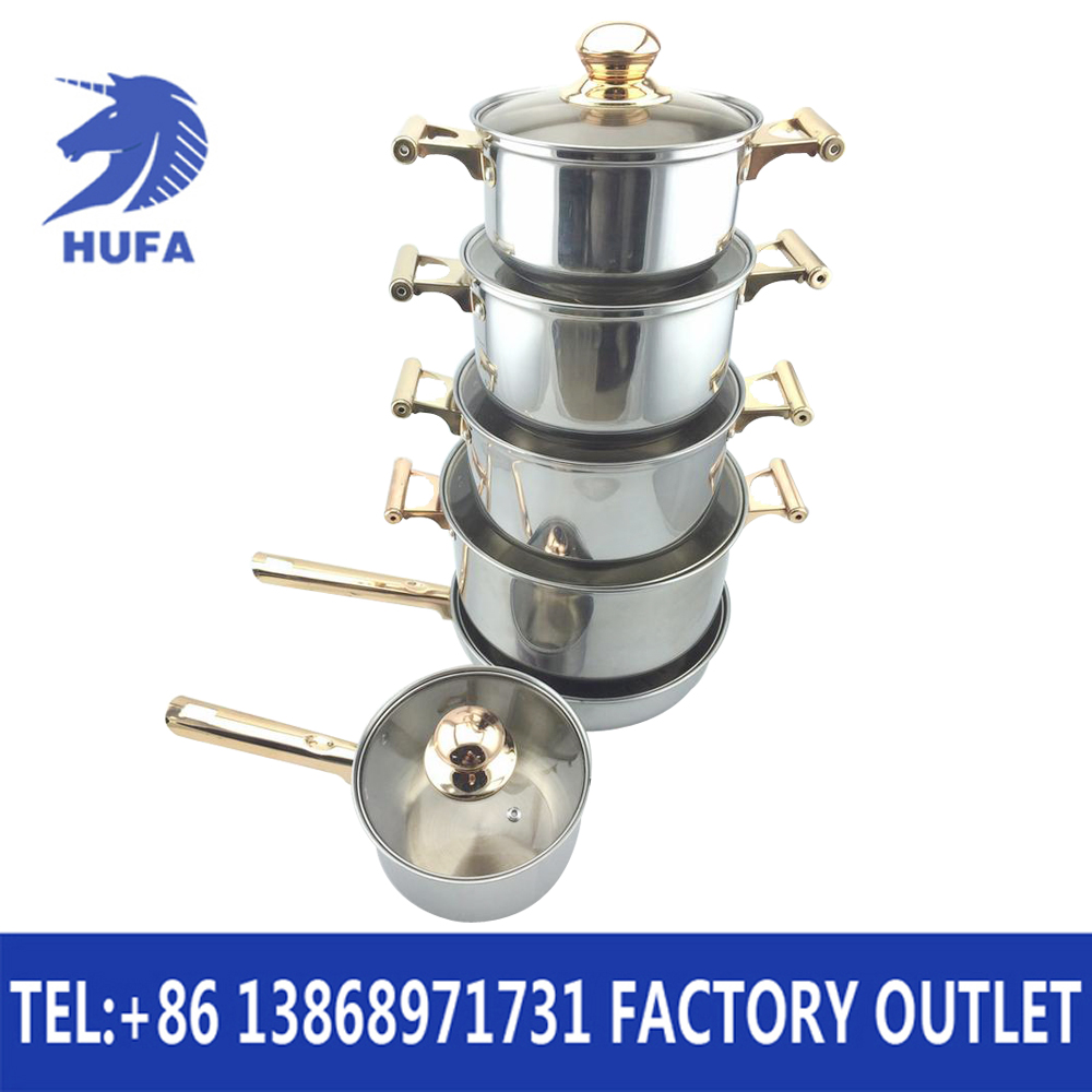 Stainless steel pot European steel handle 12-piece pot set gold plated double bottom soup pot milk pot frying pot set. Application Scenario