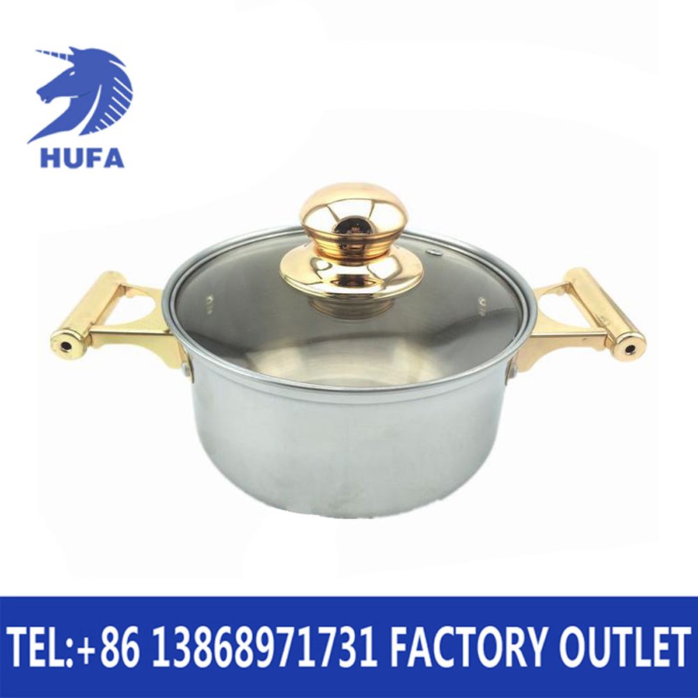 Stainless steel pot European steel handle 12-piece pot set gold plated double bottom soup pot milk pot frying pot set. Specification drawing