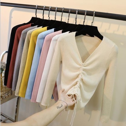 Women's core yarn V-neck drawstring knit slim-fit pullover sweater base