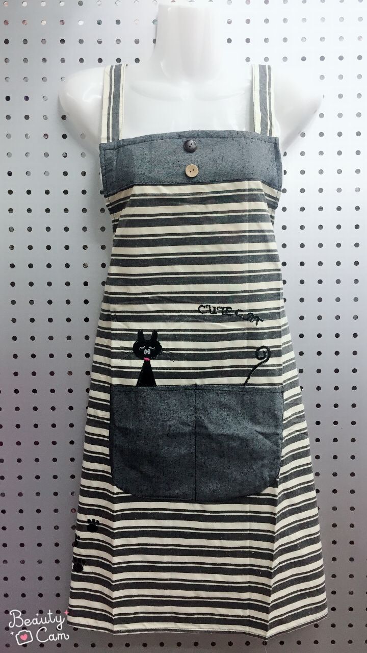 High-end Korean-style apron, all-cotton embroidered horizontal striped apron, stain-resistant and fashionable home apron Specification image