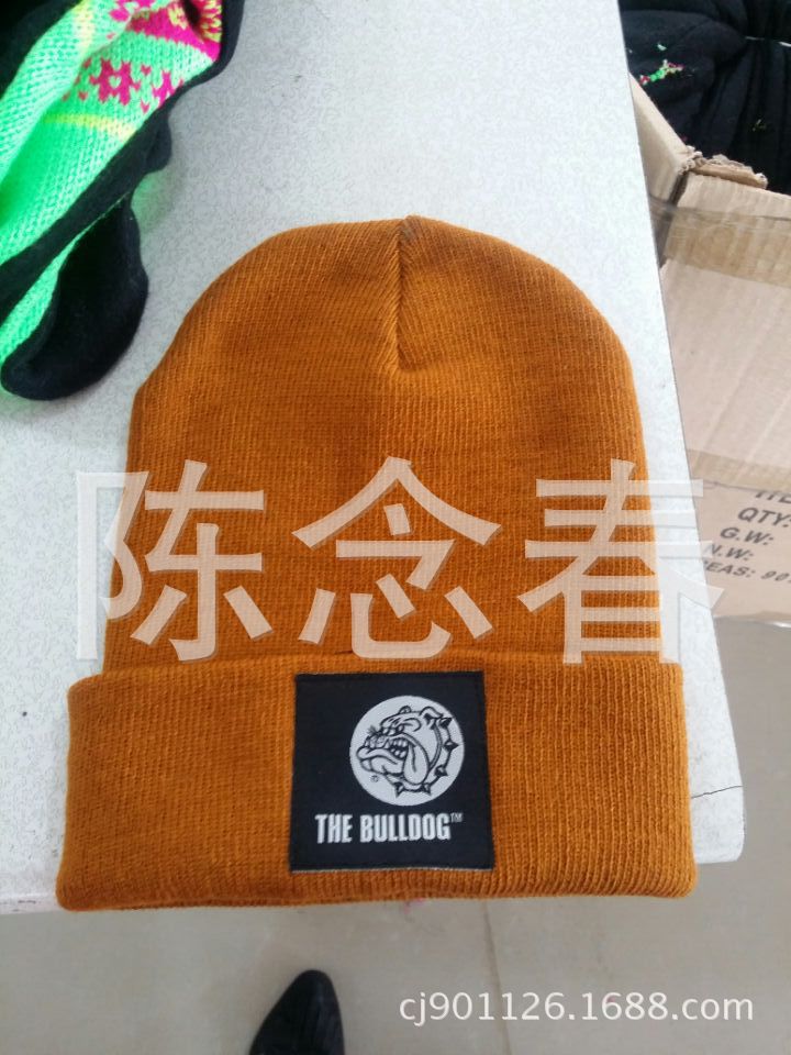 Factory direct sales, in stock, high-end Korean plain weave acrylic long inner fleece knitted cap strap label details Picture