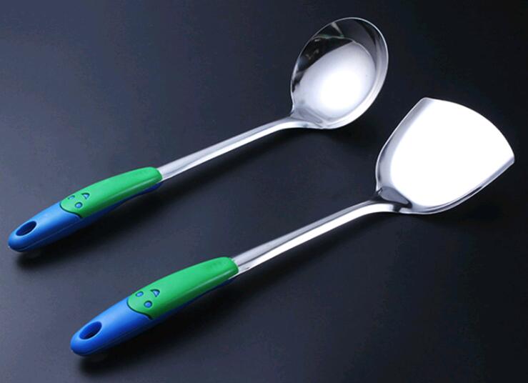 不锈钢厨房烹饪勺铲套装 塑料柄防烫笑脸厨具铲勺两件套