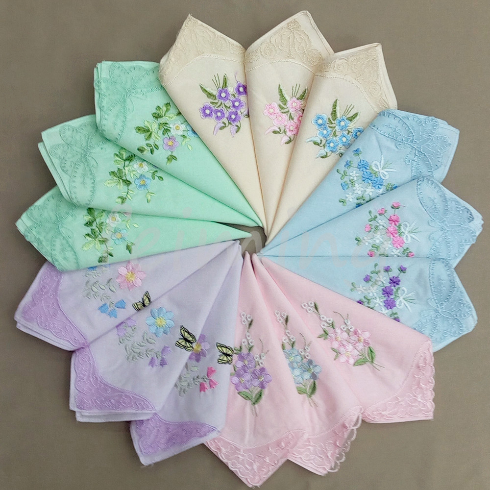 [Color base embroidery] 100% cotton ladies embroidered lace single-corner handkerchief handkerchief 28*28 100% cotton handkerchief