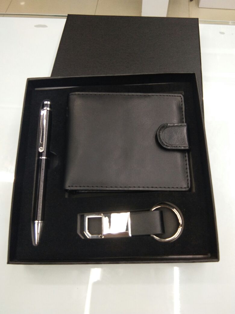 Business gift set, metal pen, wallet, keychain, black and brown, high-end and elegant. Specification image