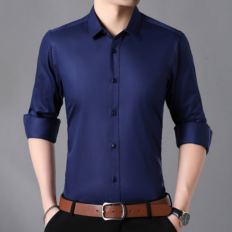 High-end men's clothing, trendy stretch bamboo fiber long-sleeved shirt, Korean-style slim solid color high-end men's long-sleeved shirt