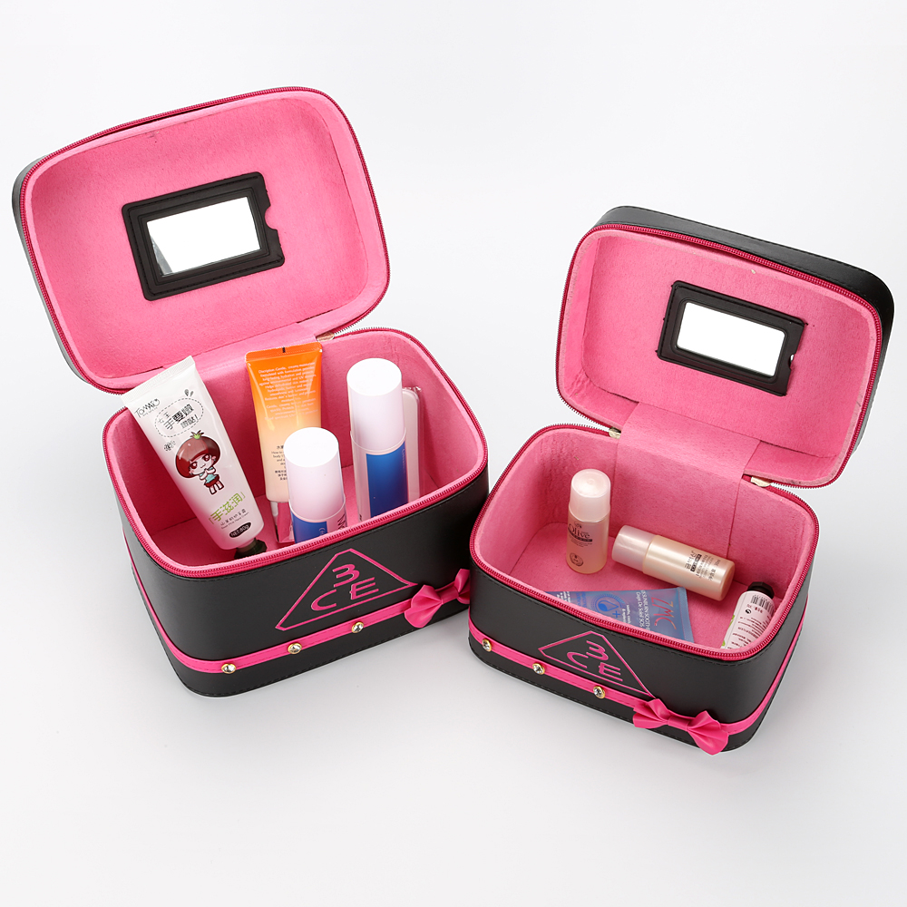 Korean classic PU letter cosmetic case, bow and diamond cosmetic box, solid color two-piece set, customizable logo Specification image