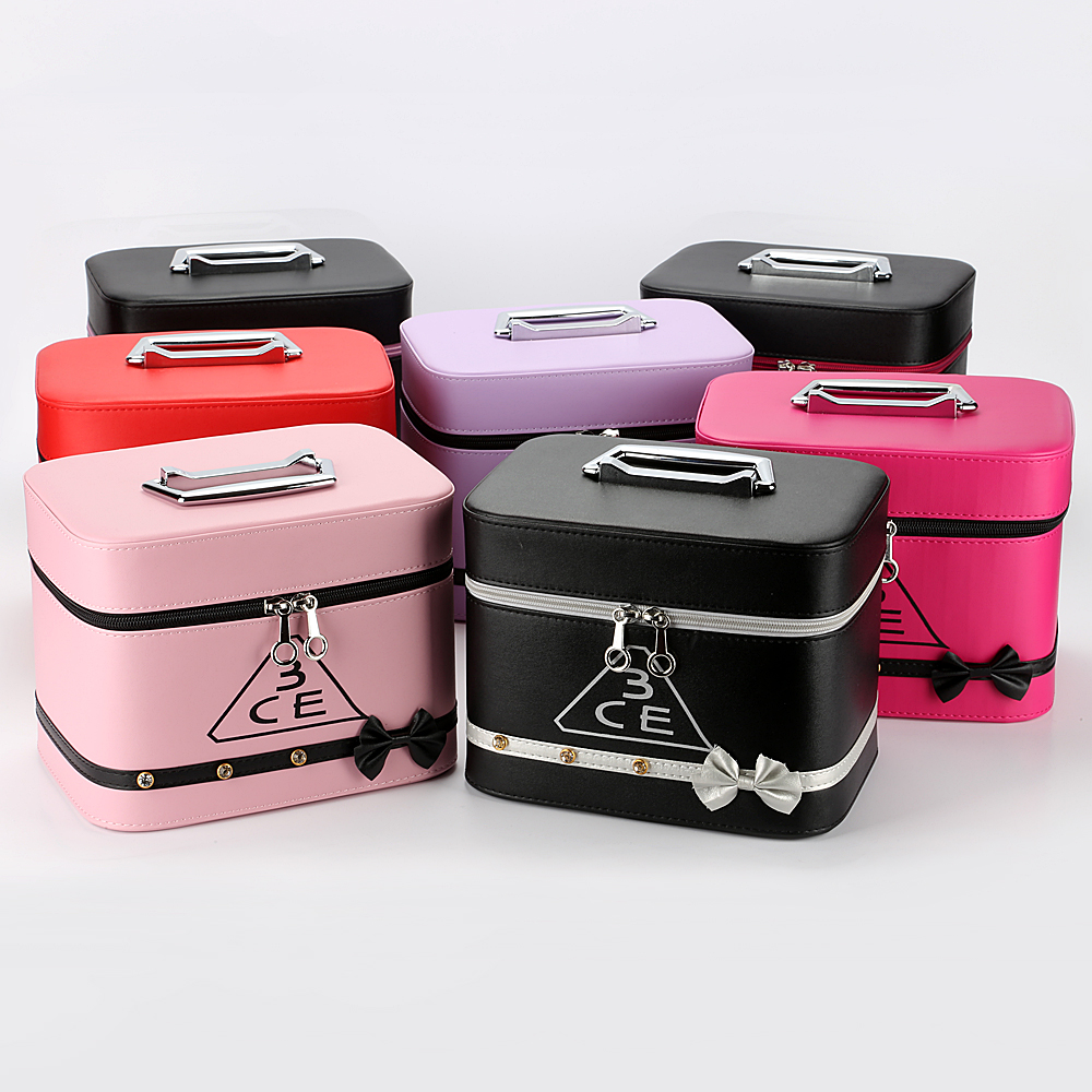 Korean classic PU letter cosmetic case, bow and diamond cosmetic box, solid color two-piece set, customizable logo details Picture