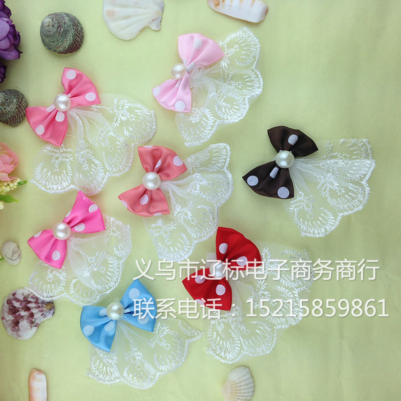 珍珠小领结DIY发夹配饰精致绣花蕾丝布蝴蝶结 厂家直销