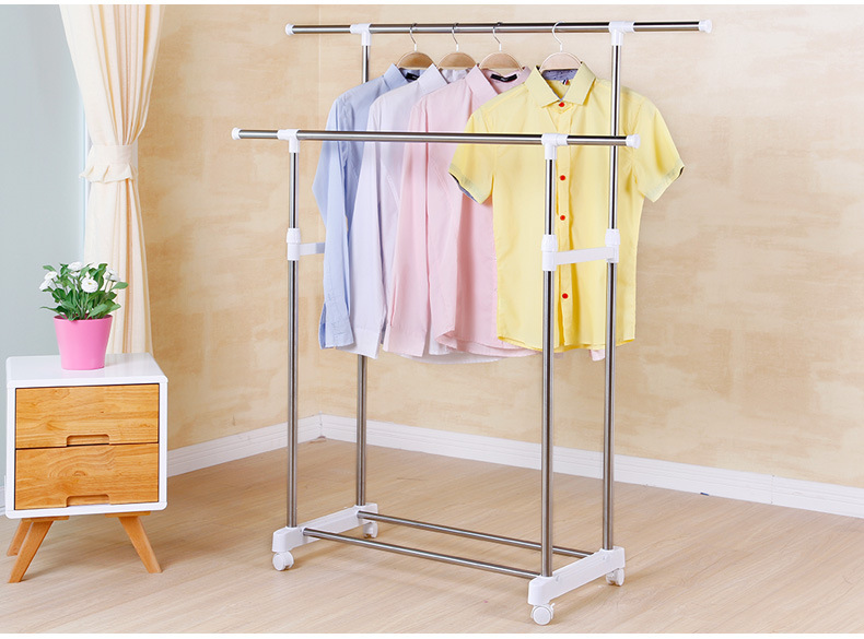 不锈钢双杆伸缩晾衣架 落地室内挂衣杆产品图