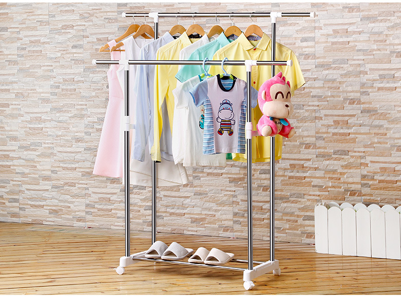 不锈钢双杆伸缩晾衣架 落地室内挂衣杆