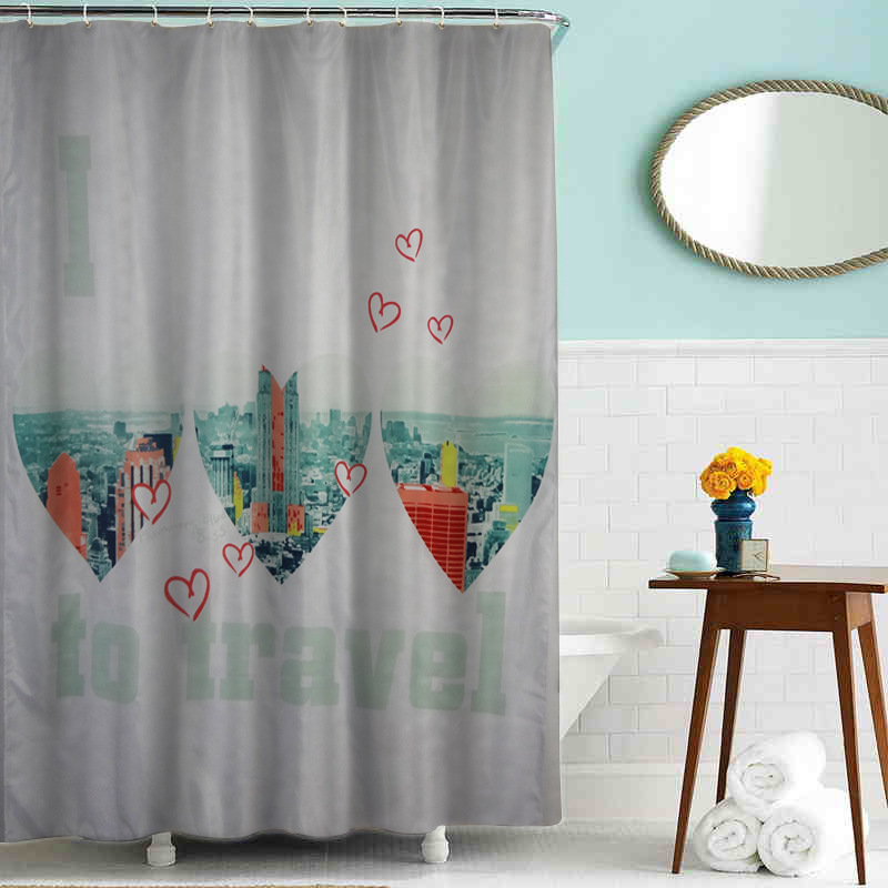 经典爱心旅行涤纶浴帘防水加厚防霉 可定制铜扣